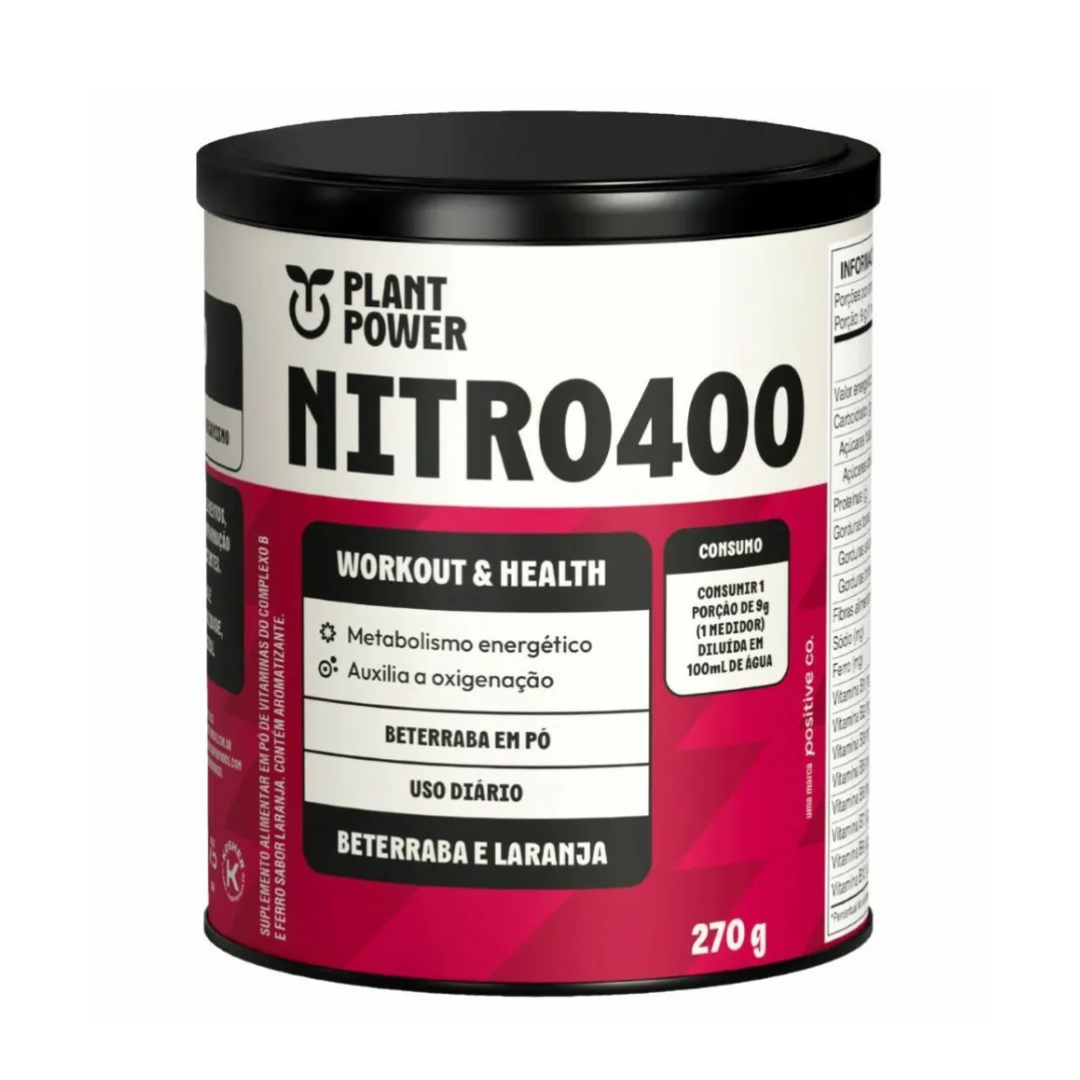 suplemento alimentar plant power nitro400 beterraba e laranja, lata com 270g