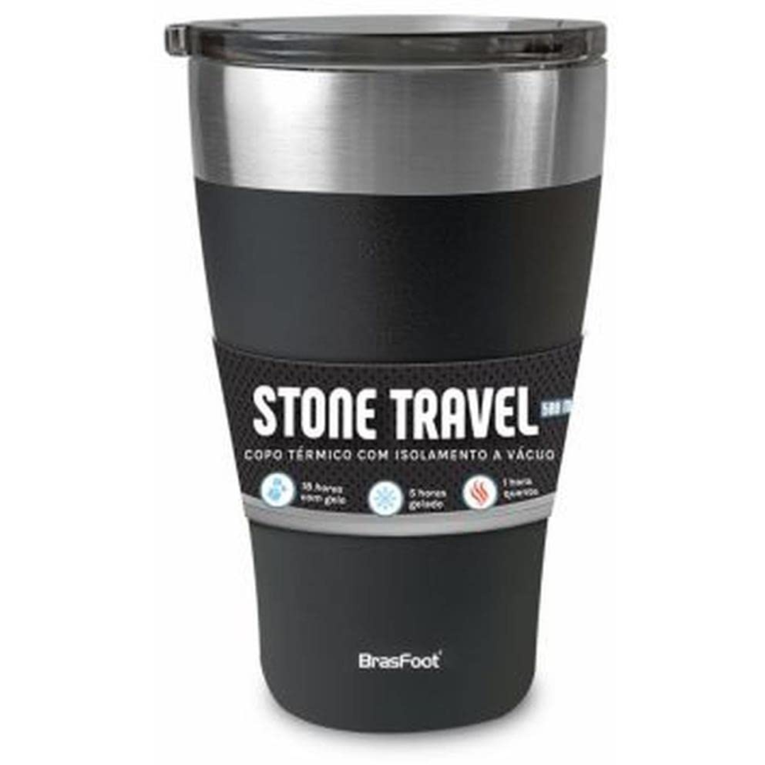 copo termico travel stone brasfoot preto, com capacidade para 500ml