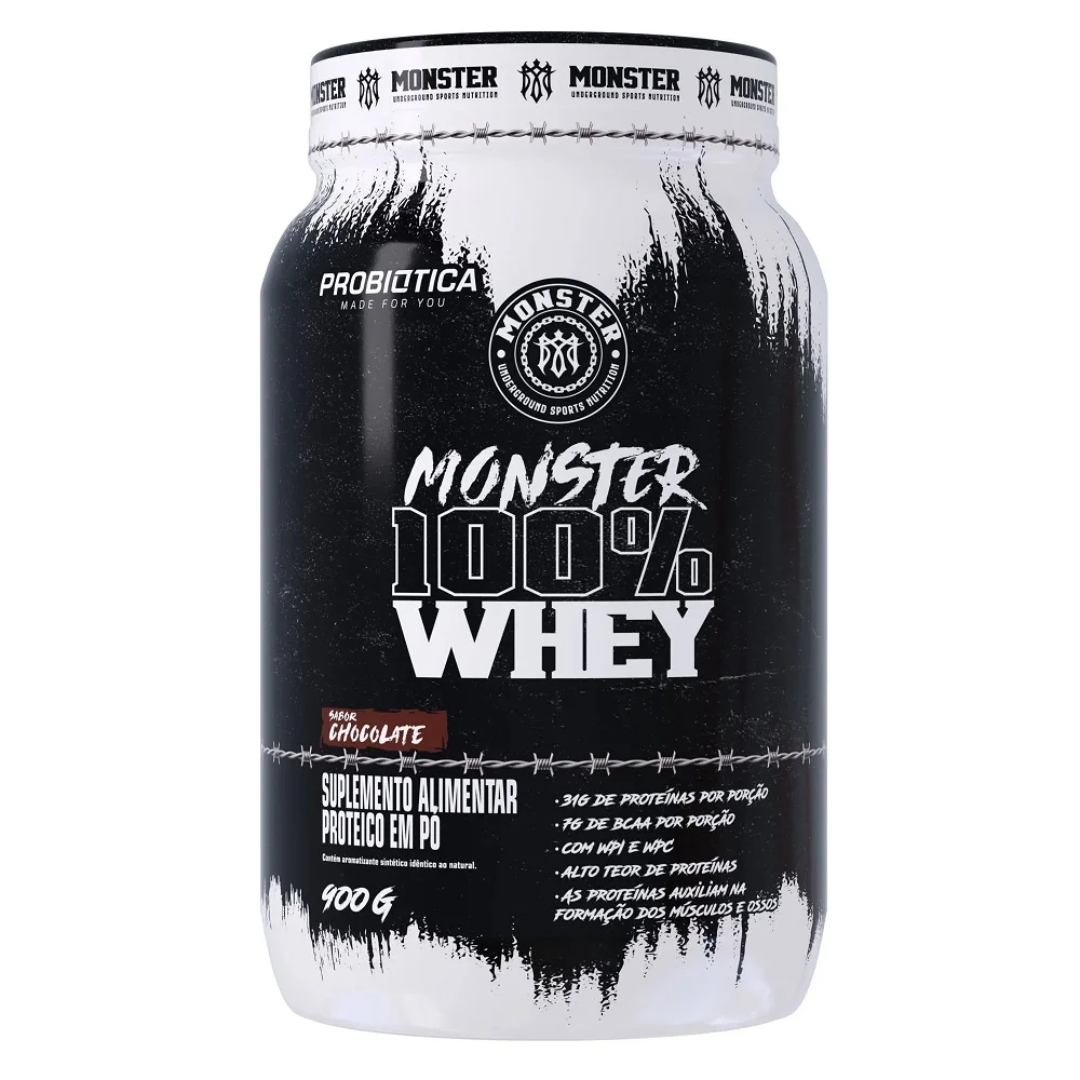 monster 100 whey probiotica chocolate, pote com 900g