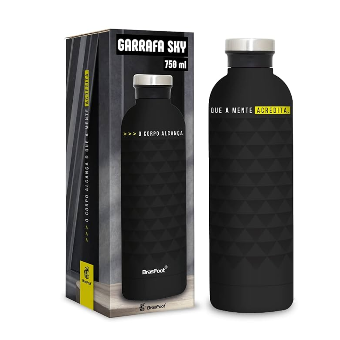 garrafa termica sky brasfoot preta, com capacidade para 750ml