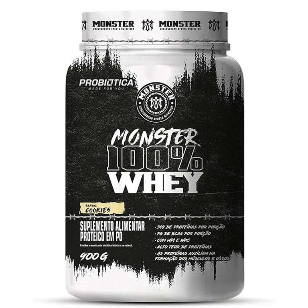 monster 100 whey probiotica cookies, pote com 900g